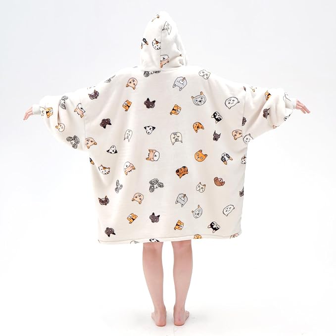 Touchat Wearable Blanket Hoodie, Oversized Sherpa Blanket Sweatshirt for Women with Hood Pocket and Sleeves, Super Soft Warm Plush Hooded Blanket for Adult One Size Fits All (Animal)