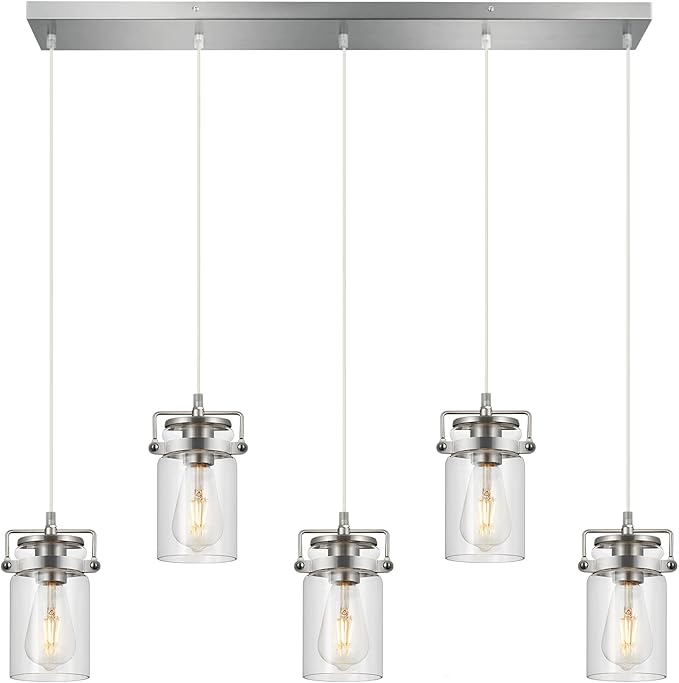 Kitchen Island Lighting, Pendant Lighting for Dining Room Kitchen Island Lighting Farmhouse Chandelier, 5 Light Hanging Linear Chandelier Brushed Nickel Pendant Lights with Clear Glass Shades