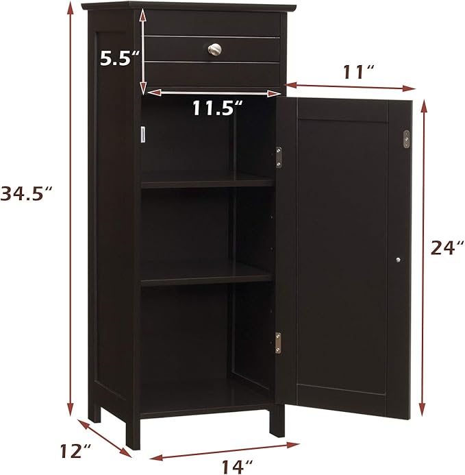 GLACER Floor Storage Cabinet, Multifunctional Freestanding Bathroom Storage Cabinet with 2 Adjustable Shelves, Ideal for Bathroom, Living Room, 14 x 12 x 34.5 inches (Brown)