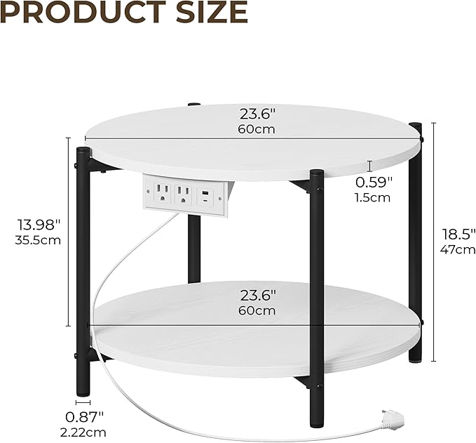 LIKIMIO Round End Table with Charging Station, 23.6" W Wooden Side Table with 2-Tier Storage, Modern Nightstand for Small Spaces, Living Room, Bedroom, White