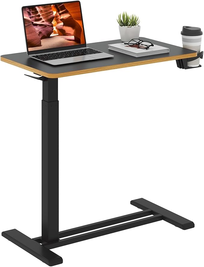 Medical Overbed Adjustable Bedside Table with Hidden Casters, Pneumatic Mobile Rolling Laptop Standing Desk with Tray for Home and Hospital Use, Black