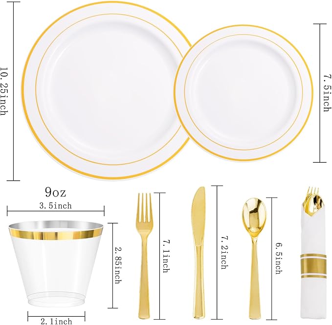 DaYammi 350PCS Gold Plastic Dinnerware Set for 50 Guests, Fancy Disposable Plates for Party, Include: 50 Dinner Plates, 50 Dessert Plates, 50 Pre Rolled Napkins with Gold Silverware, 50 Cups