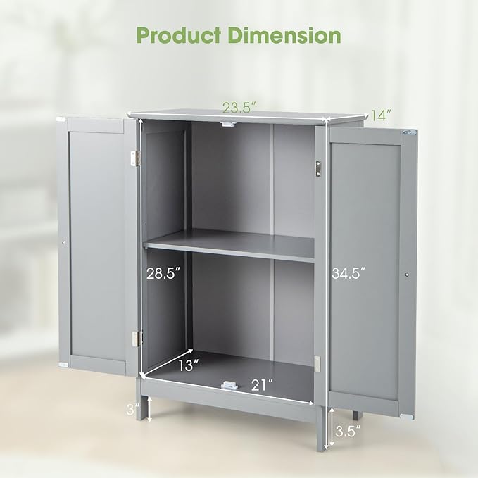 GLACER Bathroom Floor Cabinet, Wooden Storage Cabinet with Double Doors, Suitable for Bathroom, Living Room, Entryway, 23.5 x 14 x 34 inches (Grey)