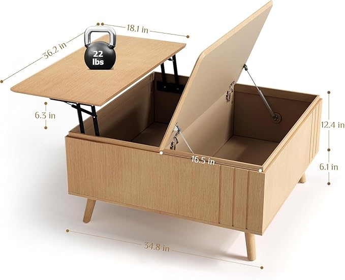 Lift Top Coffee Table, Mid Century Modern Center Table with Large Hidden Storage Compartment, 36" Square Coffee Tables for Living Room, Home Office, Oak