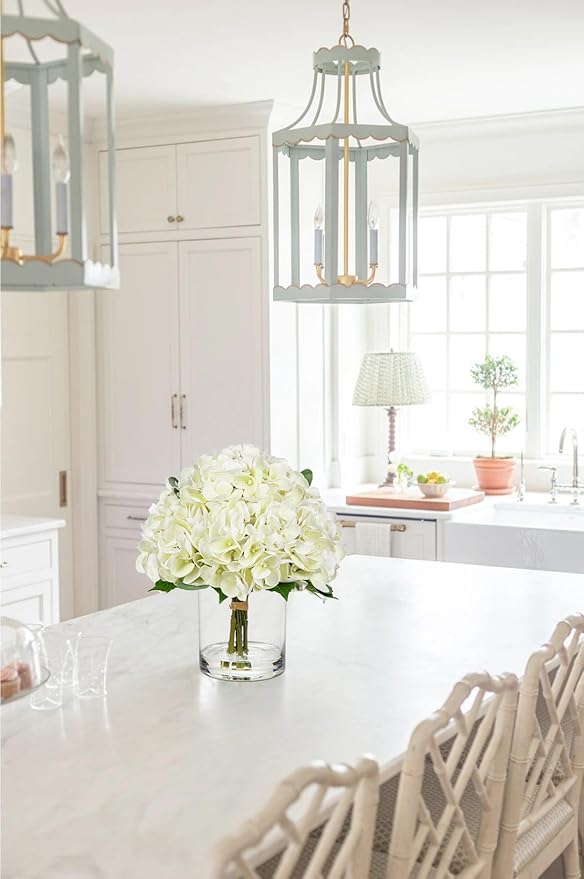 Hollyone Real Touch White Hydrangea Artificial Flowers in Vase Latex Large Faux Hydrangea Flowers Arrangements Hydrangeas Fake Flower with Glass Vase with Faux Water for Table Centerpiece Home Decor