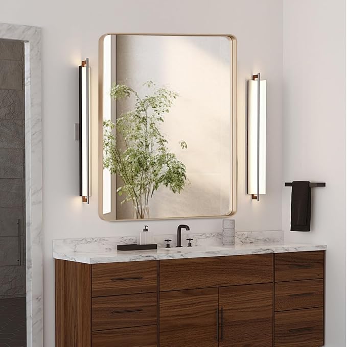 Gold 30x36 Inch Metal Framed Mirror for Wall, Large Rounded Rectangle Mirror, Anti-Rust, Tempered Glass, Hangs Horizontally or Vertically