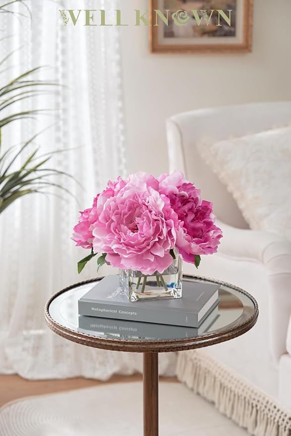 Artificial Peonies Flowers Arrangements in Cube Glass Vase, WELLKNOWN Silk Flower Centerpieces for Dining Room Table, Coffee Table Decor, Faux Peony Flowers with Faux Water (Bicolor Purple)