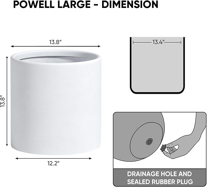 DTY Signature Mount Powell Fiberstone Planter - 14 Inch Large White Cylindrical Mid-Century Modern Home Decor Indoor & Outdoor Plant Pot - Durable Planters for Indoor Plants, Outdoor Spaces