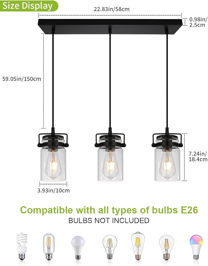 Kitchen Pendant Lighting Over Island Pendant Lights with Seeded Glass Shade Black 3 Pendant Lighting Adjustable Farmhouse Ceiling Light for Kitchen Island Dining Room Bedroom Living Room