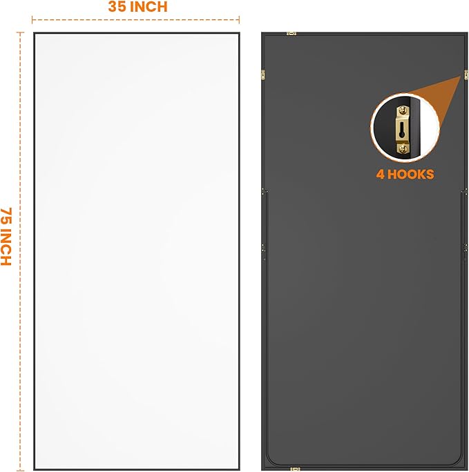 Full Length Mirror, 75"x35" Standing Floor Full Body Mirror for Wall with Aluminum Alloy Frame for Bedroom, Living Room, Dressing Room(Black)