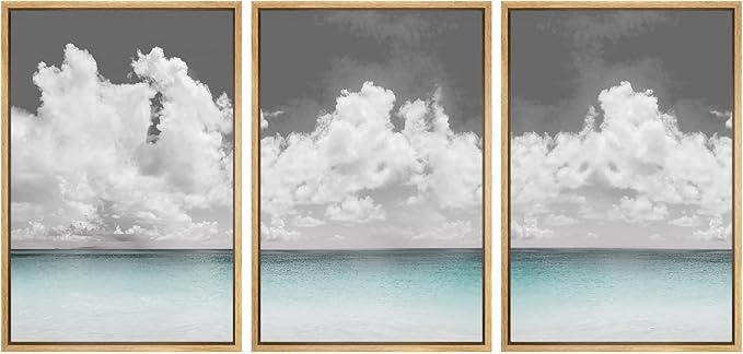 SIGNWIN 3 Piece Framed Canvas Wall Art Clouds Above The Blue Ocean Nature Wilderness Illustrations Abstract Traditional Relax/Calm Home Artwork Decoration for Living Room,Bedroom - 16"x24"x3 Natural