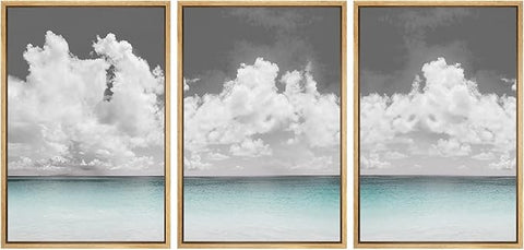 SIGNWIN 3 Piece Framed Canvas Wall Art Clouds Above The Blue Ocean Nature Wilderness Illustrations Abstract Traditional Relax/Calm Home Artwork Decoration for Living Room,Bedroom - 16"x24"x3 Natural