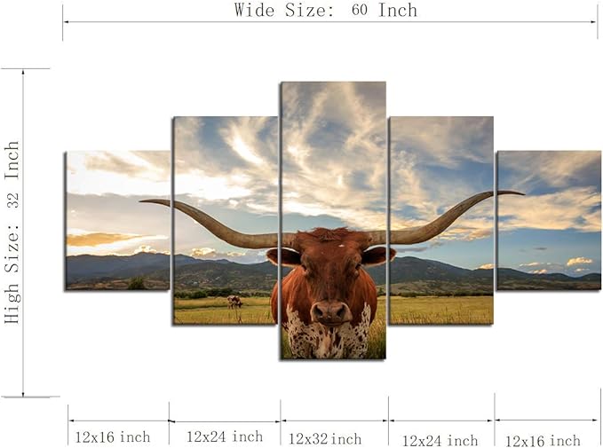 5 Piece Animal HD Painting Canvas Prints Texas Longhorn Steer in Rural Utah Giclee Artwork Modern Framed and Stretched Wall Art Painting for Living Room Decor - 60''W x 32''H