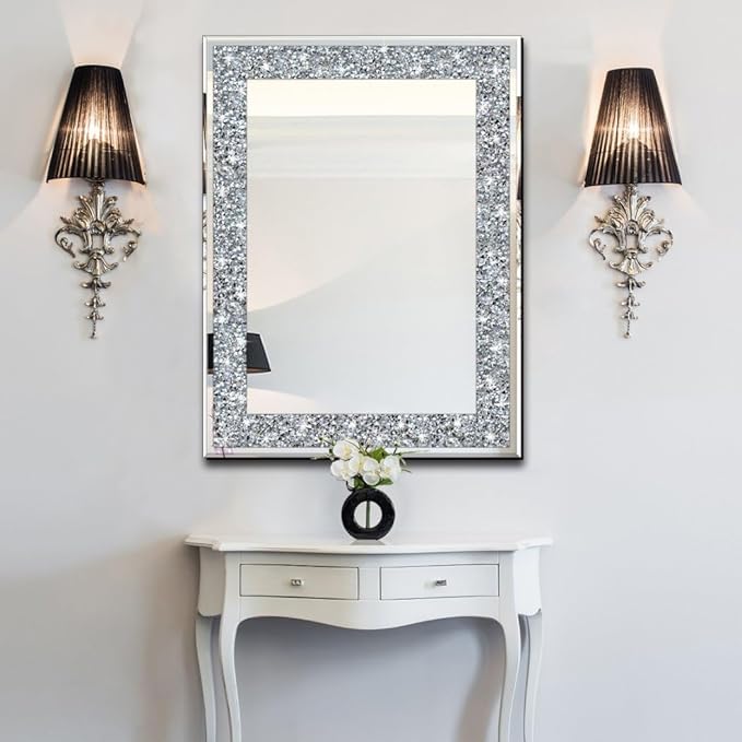 Crystal Crush Diamond Rectangle Silver Mirror for Wall Decoration 20x28inch Wall Hang Frameless Mirror Glass Diamond Decor.
