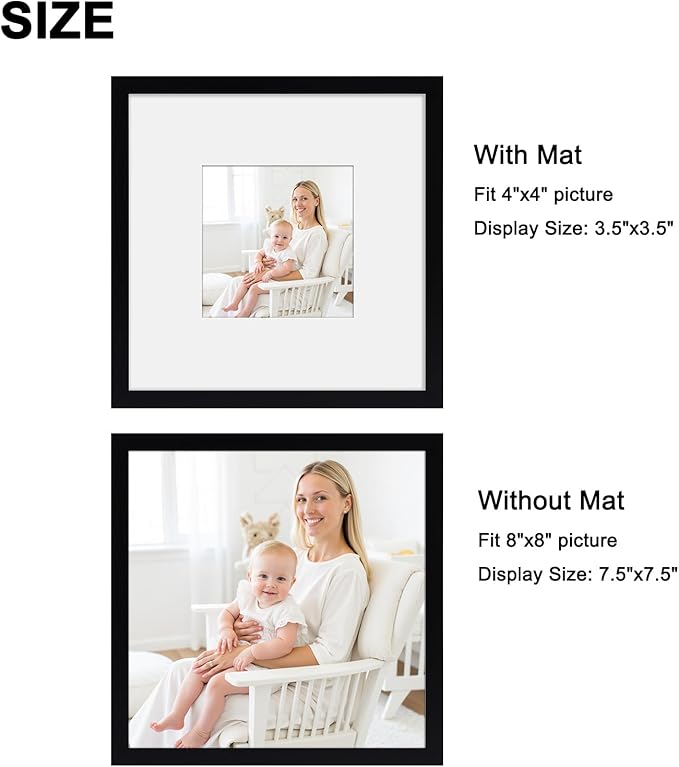 Giftgarden Black 8x8 Picture Frame Set of 4, Matted to 4x4 Picture with Mat, Matted Square Frames for Wall or Tabletop Display