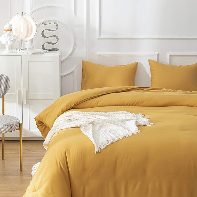 CLOTHKNOW Mustard Yellow California King Comforter Set 3Pcs Dark Yellow Bedding Comforter Sets All Season Soft Turmeric Comforter with 2 Pillow Cases