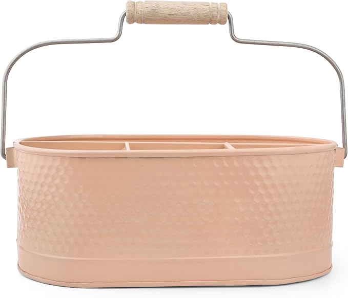 Alpha Living Home Heavu Duty Metal Utensil Caddy – 4-Compartment Silverware, Flatware, Cutlery Holder with Handle – Kitchen Organizer for Countertop, Buffet, Picnic, BBQ, Farmhouse(Peach)