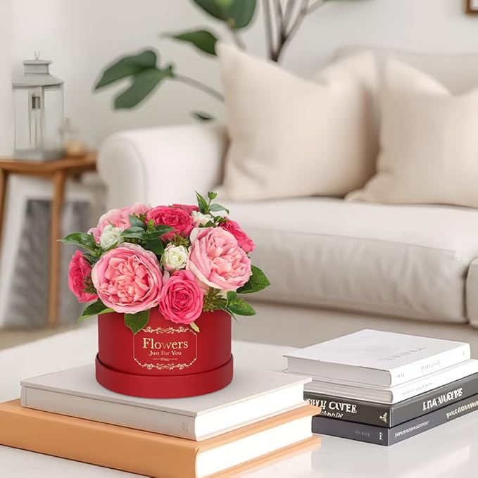 Hollyone Red Pink Artificial Peonies Roses in Vase Round Gift Boxes with Fake Flowers Arrangements Faux Flowers Floral in Box Vase for Her Mothers' Day Valentine's Day Christmas Birthday Gift