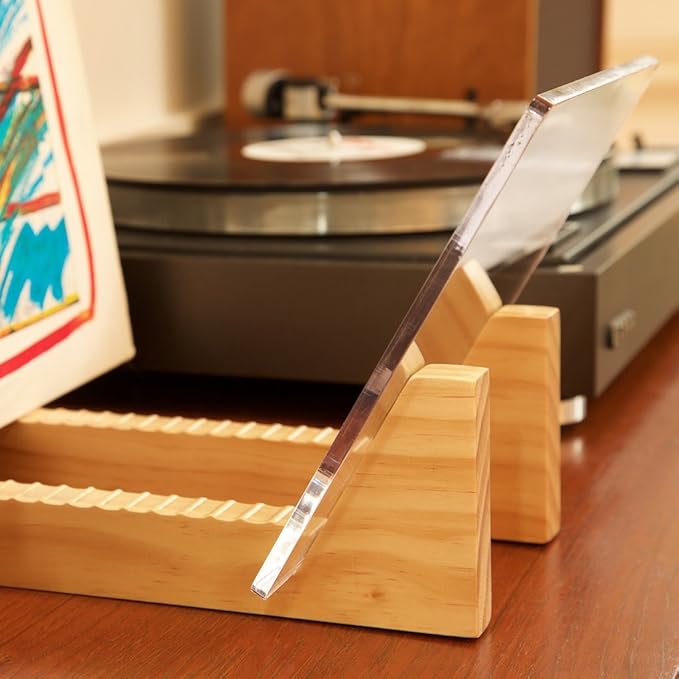 KAIU Vinyl Record Storage Holder - Solid Wood with Crystal Clear Acrylic Holder - Premium Design, Perfect 12" LPs or 7" Singles Display Unit - Stores and Supports up to 50 Albums (Clear)