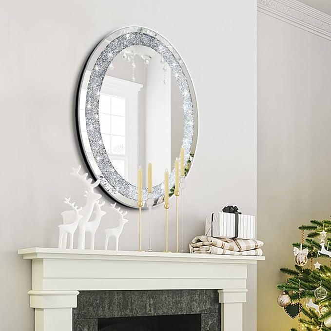 DMDFIRST Crystal Crushed Diamond Oval Shaped Glam Bling Silver Mirror for Wall Decoration 16x20x0.9 inch Wall Hang Frameless Sparkly Mirror Glass Stunning Home Diamond Decor