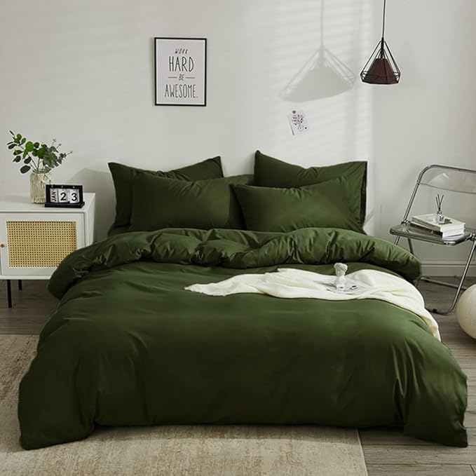 Wellboo Army Green Comforter Set Full Size Military Green Solid Color Bedding Comforter Set Soft Dark Olive Quilt Comforter for All Seasons Women Men Hunter Green Comforter Cozy Plain Color Bed