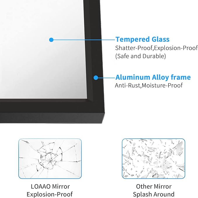 LOAAO 48"X30" Black Rectangle Bathroom Mirror Wall, Matte Black Aluminum Alloy Frame, Tempered Glass, Hangs Vertically or Horizontally, Easy to Install