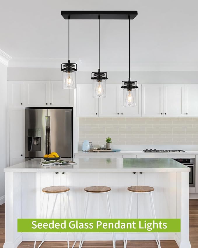 Kitchen Pendant Lighting Over Island Pendant Lights with Seeded Glass Shade Black 3 Pendant Lighting Adjustable Farmhouse Ceiling Light for Kitchen Island Dining Room Bedroom Living Room