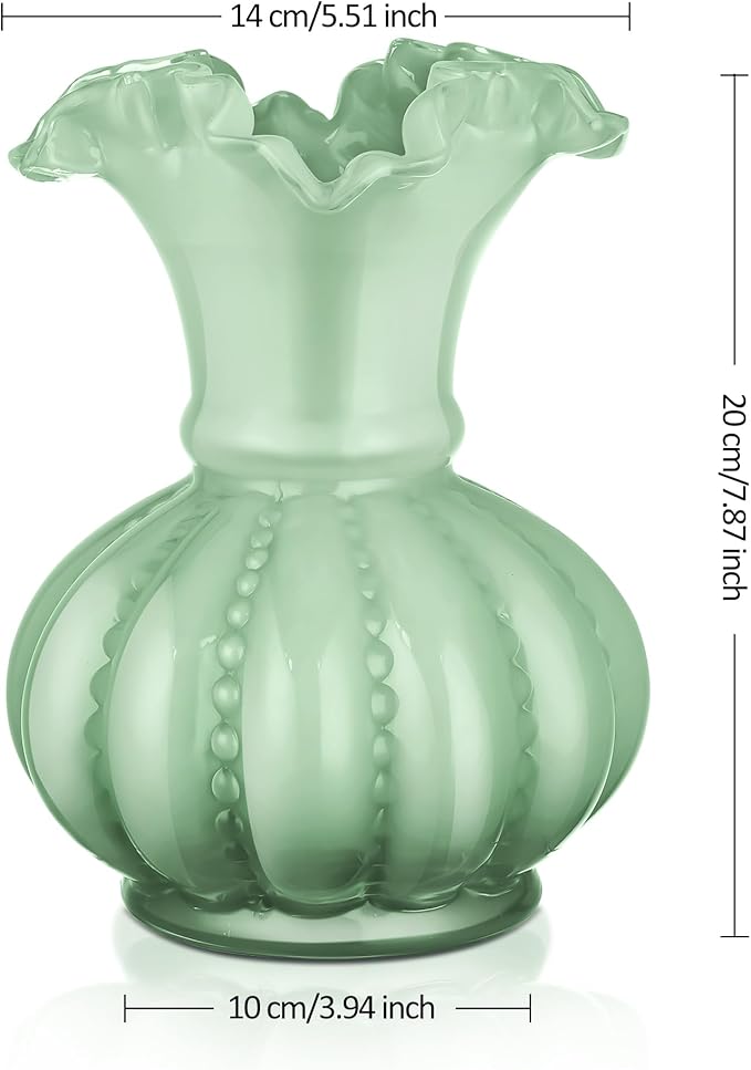 Joeyan Handmade Green Glass Flower Vase,7.9" Vintage Decorative Urn Vase for Centrepieces Bouquet Wedding,Colored Thickened Pedestal Vase Decorations for Rustic Home Living Room Office Farmhouse