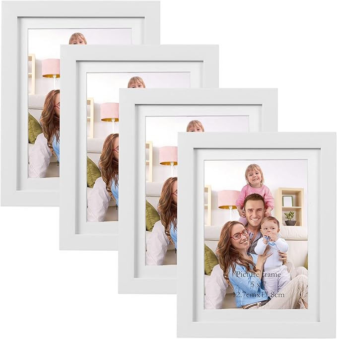 Giftgarden 5x7 Picture Frame Set of 4 White Wood Grain Frames for 5x7 Photos with Mat or 6x8 Without Mat, Wall or Tabletop Display