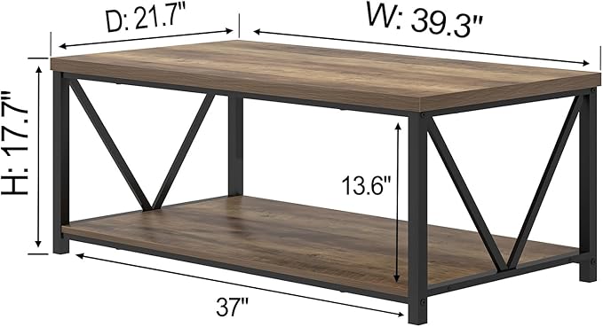 FOLUBAN Coffee Table with Storage Shelf, Modern Industrial Metal and Wood Living Room Table, Small Rectangle Cocktail Tea Table for Bedroom Home Office, Rustic Oak, 39.3 Inch