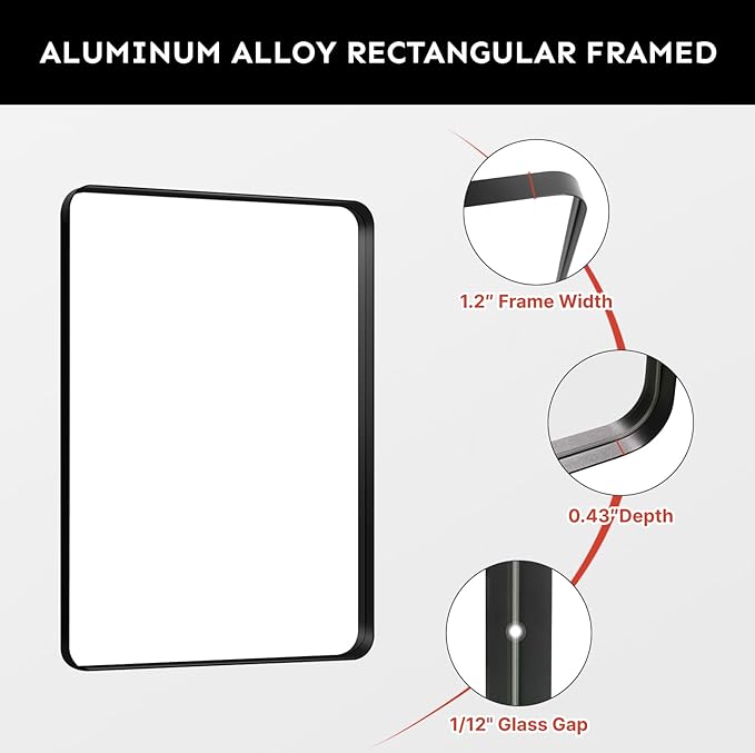 36x30 Bathroom Vanity Mirror for Wall, Aluminum Framed, Farmhouse Rectangle, Anti-Rust, HD Reflection Anti-Desilvering, Distortion Free, Tempered and Shatter-Proof Wall Mounted Mirror, Black