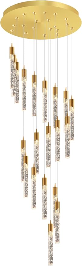 Flashing God Gold 20 Lights High Ceiling Chandelier Modern Dimmable Light Fixtures Foyer Chandelier Pendant Lighting Crystal Ceiling Chandeliers Fixtures for Villa Staircase Hallway 11.5feet Long