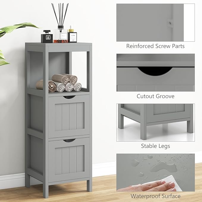 Tangkula Small Bathroom Storage Cabinet with 2 Removable Drawers, Wood Freestanding Floor Cabinet for Bathroom, Anti-Tipping Device, Side Corner Cabinet for Small Spaces (Grey)