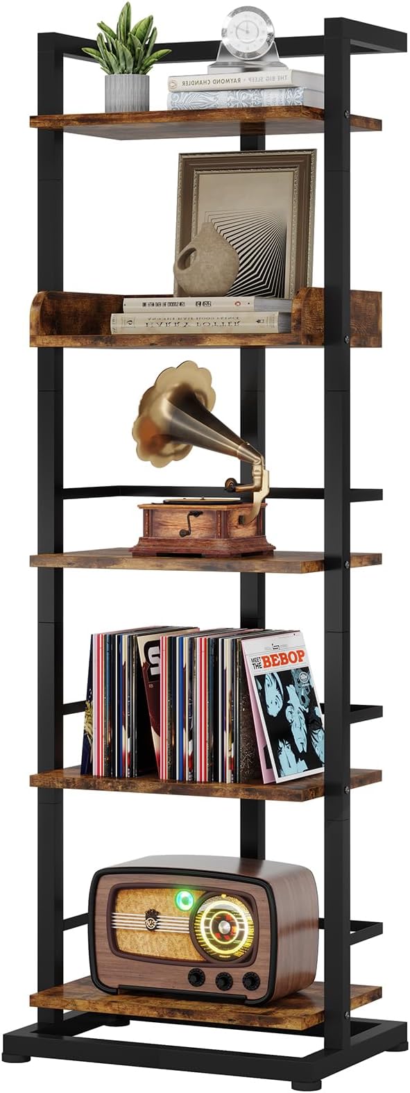 Hosfais Book Shelf Narrow Bookshelf: 5 Tier Wood Bookcase with Metal Edge Protection Industrial Modern Bookshelf Book Storage Organizer for Living Room Bedroom Home Office (Rustic Brown)