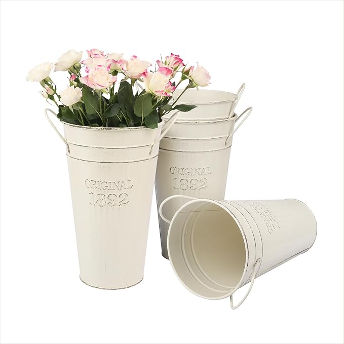 4 PCS 10 Inch Rustic Galvanized Flower Vases, Farmhouse French Buckets for Beautiful Floral Arrangements, Home Decor or Weddings and Events by GENHAKON