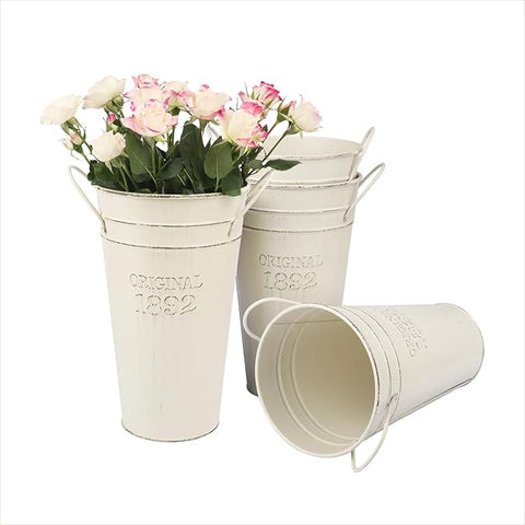 4 PCS 10 Inch Rustic Galvanized Flower Vases, Farmhouse French Buckets for Beautiful Floral Arrangements, Home Decor or Weddings and Events by GENHAKON