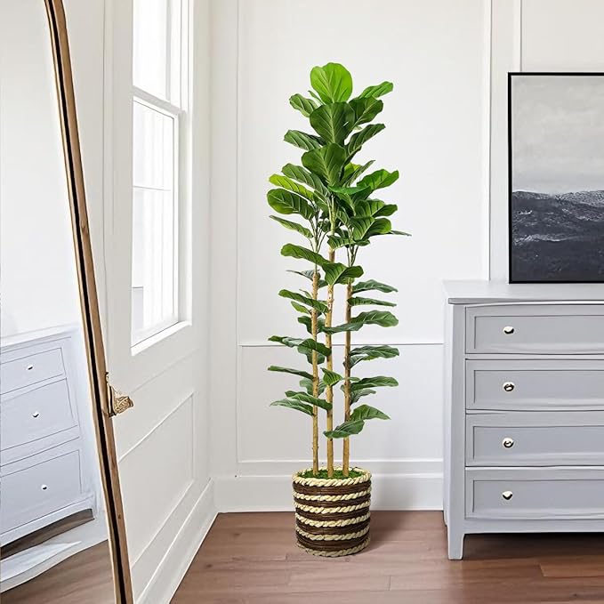 Artificial Fiddle Leaf Fig Tree Indoor with Woven Basket - 5ft Tall Fake Tree with Real-Wood Trunk,Faux Plants for Living Rooms, Offices, Kitchens & Outdoor Spaces (Round Basket)