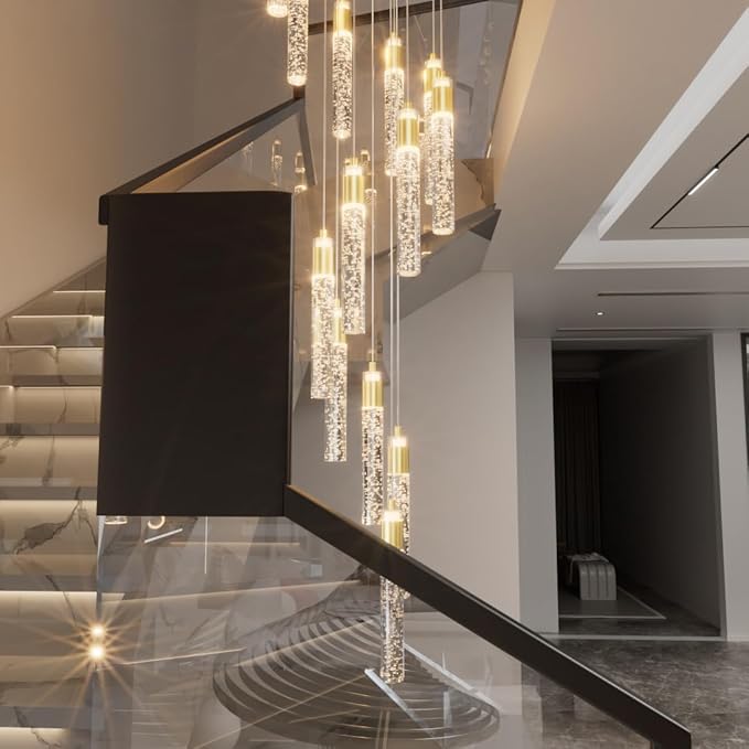 118inch Long Spiral Staircase Chandelier for High Ceilings Gold Crystal Bubble Column Chandeliers Large Foyer Ceiling Chandeliers (Led Dimmable 16 Light)