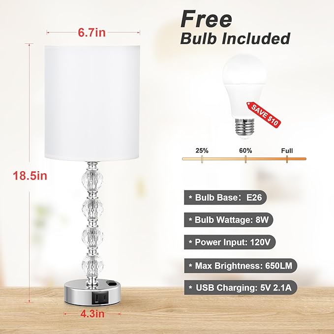 Touch Bedside Crystal Lamps for Bedrooms Nightstand with USB C+A Charging Port and AC Outlet White, 3 Way Dimmable Silver Large End Side Table Lamp for Living/Guest/Dinning Room/Kitchen