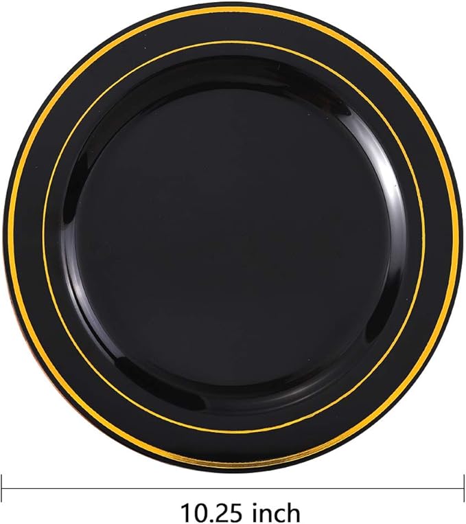 bUCLA 100 Pieces Black and Gold Plastic Dinner Plates - 10.25 inch Black Disposable Plates with Gold Rim - Ideal for Party, Graduation & Fathers Day