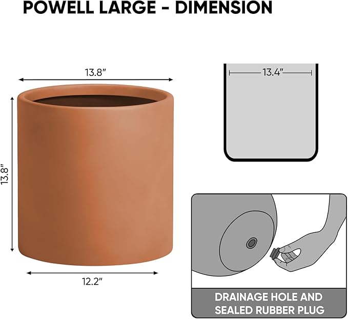 DTY Signature Mount Powell Fiberstone Planter - 14 Inch Large Terracota Cylindrical Mid-Century Modern Home Decor Indoor & Outdoor Plant Pot - Durable Planters for Indoor Plants, Outdoor Spaces