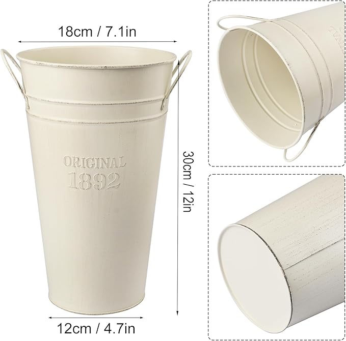 3 PCS 12 Inch Rustic Galvanized Flower Vases, Farmhouse French Buckets for Beautiful Floral Arrangements, Home Decor or Weddings and Events