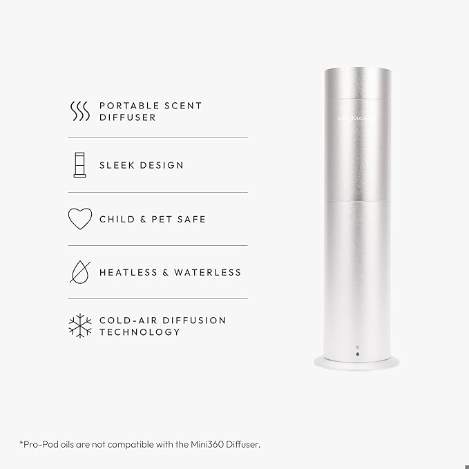 Aroma360-Mini Pro Scent Diffuser-Aroma Diffuser for Essential Oils-Cold-Air Diffusion-600sq.ft. Coverage-Waterless Air Diffuser for Home & Office-Metalic Silver Works Exclusively with Pro Pod Bottles