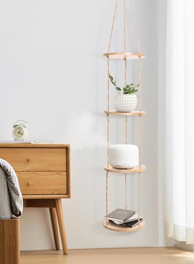 Hemp Rope Hanging Plant Shelf from Ceiling for Narrow Space or window Boho Hanging plant Shelves, Natural Pine Wooden Plant Stand Display for Indoor, Outdoor, Corner, Balcony, Living Room and Bedroom