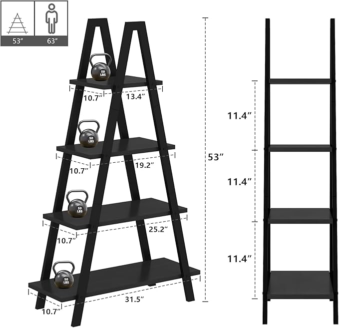 DKLGG 4-Tier A-Shaped Bookshelf, Industrial Metal Bookcase, Standing Bedroom Ladder Shelf, Open Display Shelves, Plant Stand Shelf Indoor, MDF Bookshelves for Living Room, Office, Small Spaces