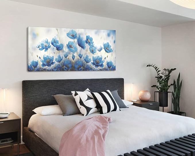 Blooming Blue Flowers Plants Wall Art Decor Artwork for Bedroom (30x60 Inches)