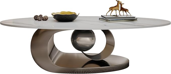 Modern Oval Sintered Stone Coffee Table, 49.2" White and Silver Rectangle Coffee Table with Faux Marble Top & Golden Geometric Stainless Steel Base, Rectangle Tea Center Table for Living Room