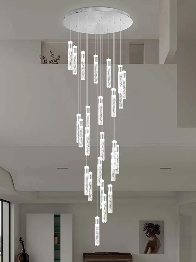 25-Light Silver Modern Crystal Raindrop Chandelier for Foyer Stair Well Entrance 130" Long Crystal Bubble Column Chandelier for Villa High Ceiling Lighting Fixtures LED Lampara, 3000k-6000K