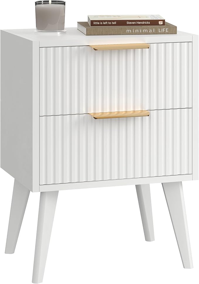 Fluted Nightstand with 2 Drawers,Modern Bedside Table with Metal Handles,White Side Table with Solid Wood Legs,Mid Century End Table for Living Room,Bedroom,White CTG55W
