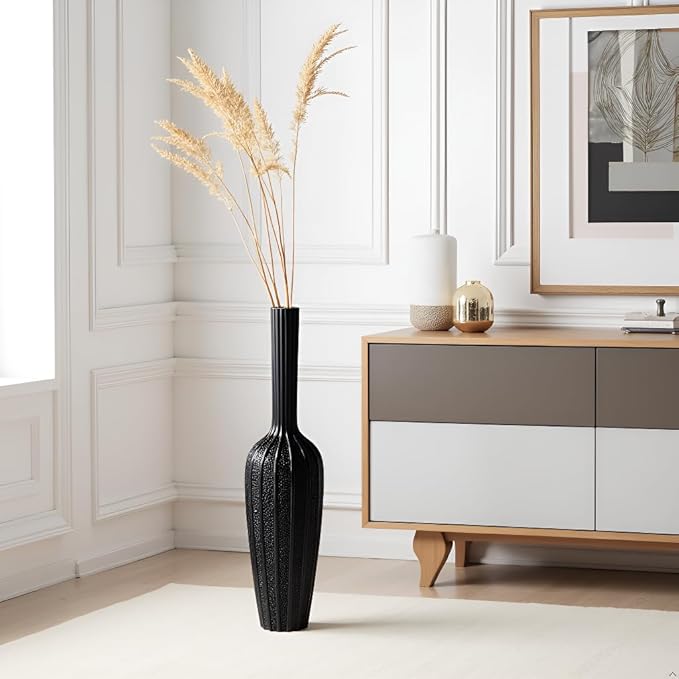 Modern Black Floor Vase - 23.62 Inches Tall Decorative Vase for Dried Flowers, Home Decor Accent, Resin Tall Floor Vase